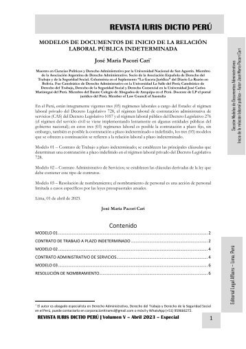 MODELOS DE DOCUMENTOS DE INICIO DE RELACIÓN LABORAL PÚBLICA INDETERMINADA - AUTOR JOSÉ MARÍA PACORI CARI