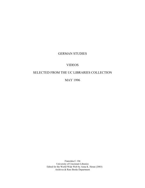 German Studies Video Collection Inventory - University of Cincinnati ...