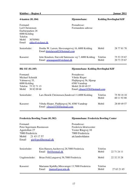 UDDRAG af ADRESSEBOG for JYDSK BOWLING UNION - Region 4