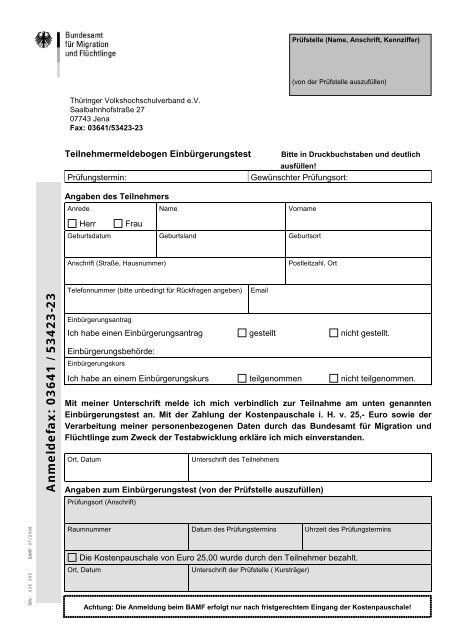 Anmeldung Einbürgerungstest - Thüringer Volkshochschulverband