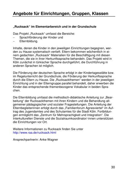 Angebote der RAA Köln Schule Bildung Integration ... - RAA NRW