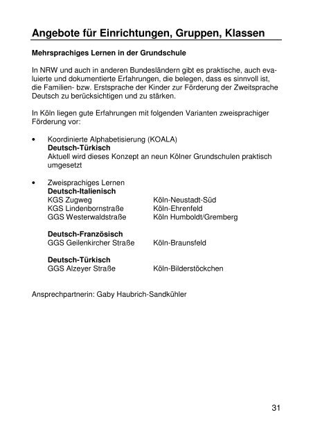 Angebote der RAA Köln Schule Bildung Integration ... - RAA NRW