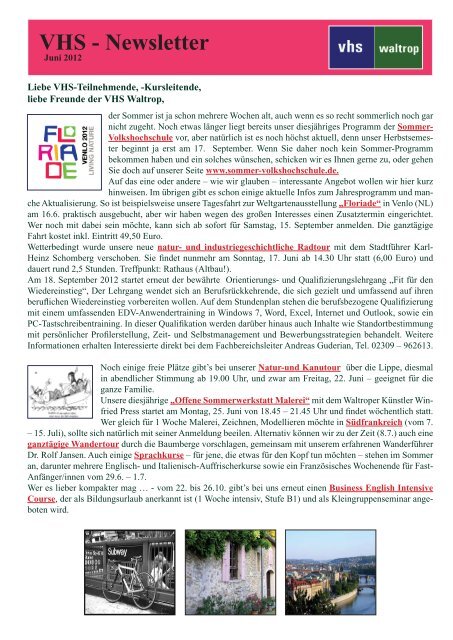 Newsletter Juni 2012.indd - Volkshochschule Waltrop