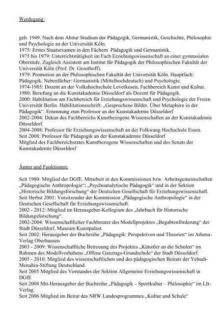 Vita Prof. Dr. Johannes Bilstein - Kunstakademie Düsseldorf