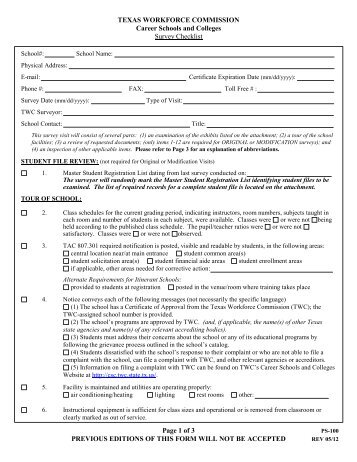 Form PS-100: Survey Checklist - Texas Workforce Commission