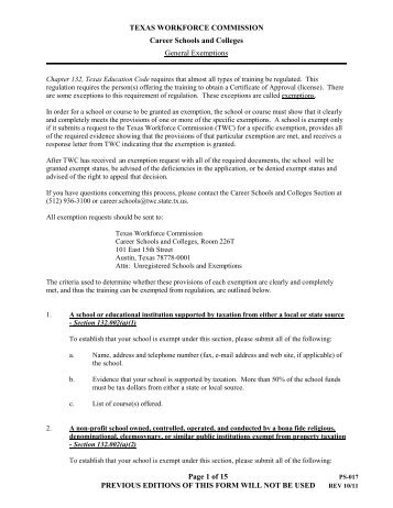 Form PS-017: General Exemptions - Texas Workforce Commission