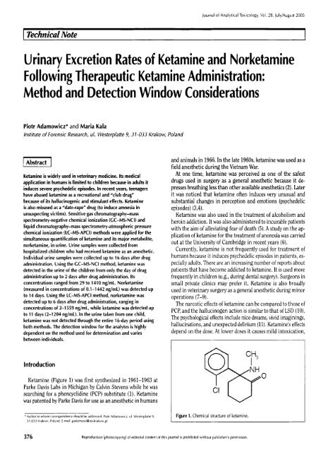 Urinary Excretion Rates of Ketamine and Norketamine Following ...