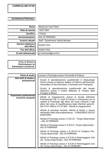 CV MANTOVANI GIAN PIETRO.pdf - Azienda USL di Ferrara