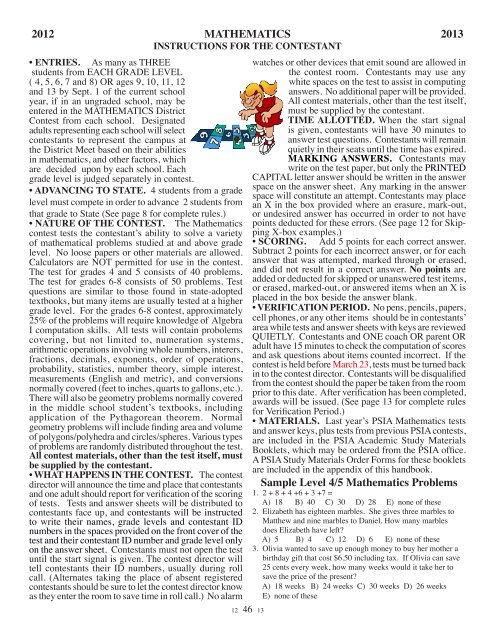 2012 MATHEMATICS 2013 Sample Level 4/5 Mathematics ... - PSIA