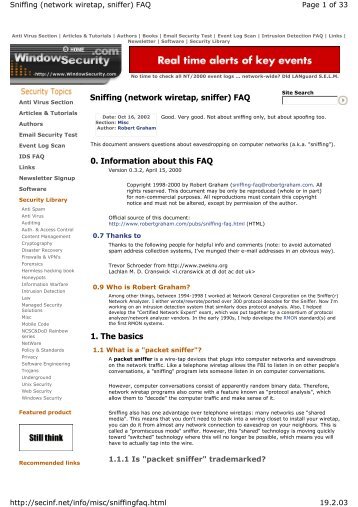 Sniffing (network wiretap, sniffer) FAQ 0. Information ... - Ljudmila