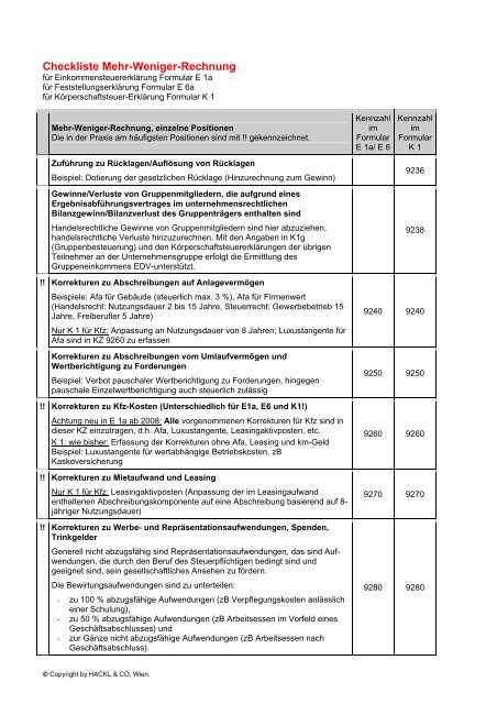 Checkliste Mehr - Weniger - Rechnung (51KiB) - Hackl &amp; Co