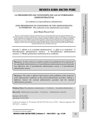 PROHIBICIÓN DE CONFESIÓN DE LAS AUTORIDADES PÚBLICAS - AUTOR JOSÉ MARÍA PACORI CARI