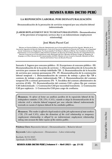 LA REPOSICIÓN LABORAL POR DESNATURALIZACIÓN - AUTOR JOSÉ MARÍA PACORI CARI