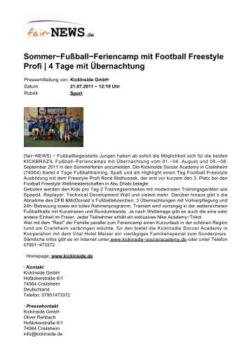 Sommer-Fußball-Feriencamp mit Football Freestyle ... - fair-NEWS.de