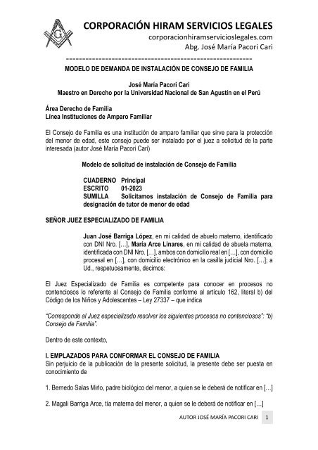 MODELO DEMANDA DE INSTALACIÓN DE CONSEJO DE FAMILIA - AUTOR JOSÉ MARÍA PACORI CARI