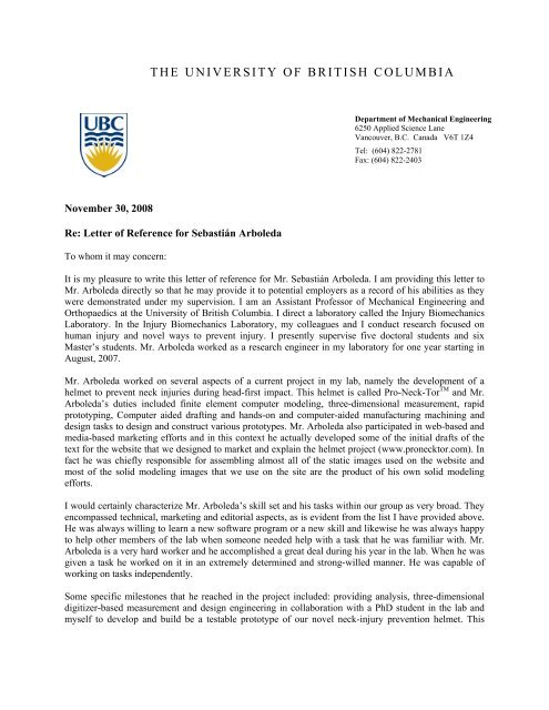 UBC Injury Biomechanics Lab Letter of Recommendation