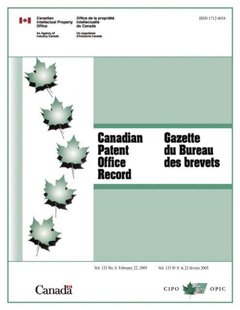 Canadian Patents Issued - Industrie Canada