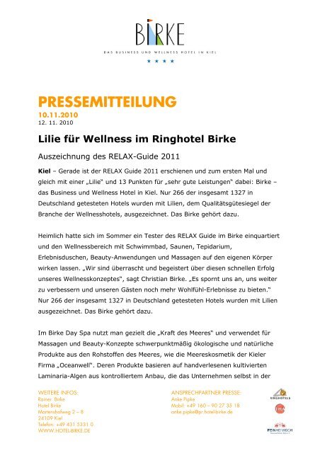 pressemitteilung - Hotel Birke Kiel