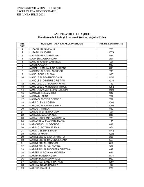 universitatea din bucureşti facultatea de geografie sesiunea iulie