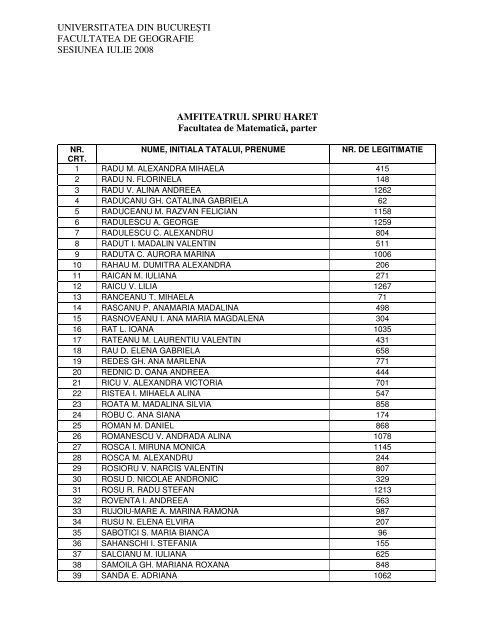 universitatea din bucureşti facultatea de geografie sesiunea iulie