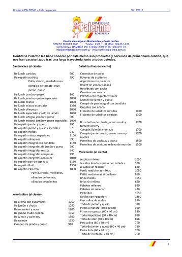 Lista de precios Confiteria PALERMO - Confitería PALERMO