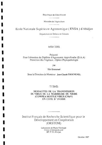 Modalités de la transmission du virus de la marbrure du niébé ... - IRD