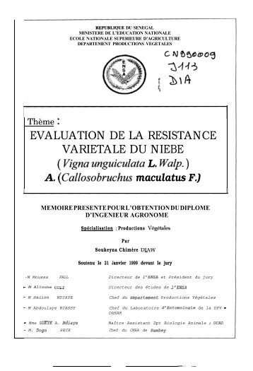 EVALUATION DE LA RESISTANCE VARIETALE DU NIEBE