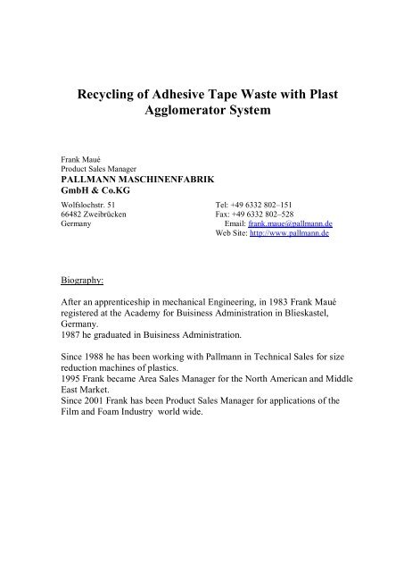 recycling of adhesive tape waste with the plast agglomerator system