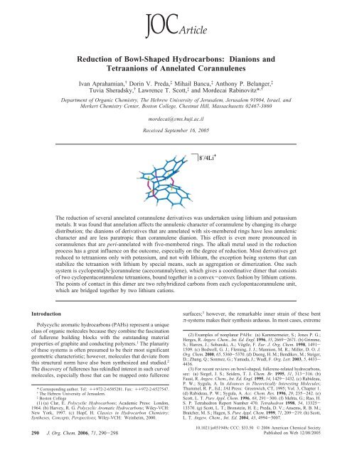 Reduction of Bowl-Shaped Hydrocarbons: Dianions and ...