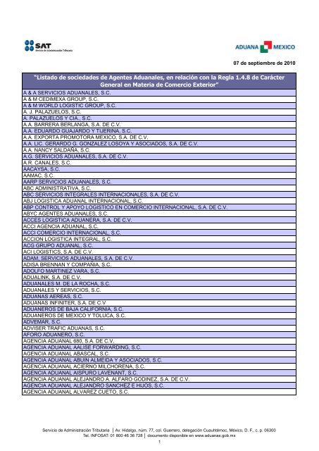 Listado de sociedades de Agentes Aduanales en Aduana M xico