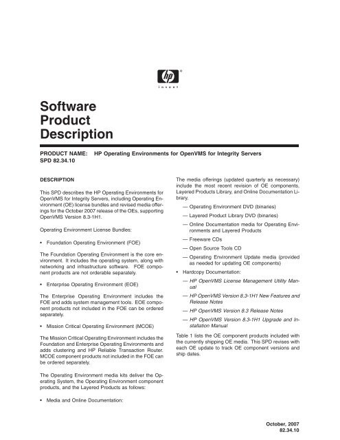 Software Product Description - OpenVMS Systems - HP