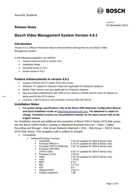 Bosch Video Management System Version 4.0.1 - Bosch Security ...