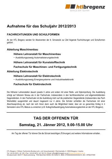 Aufnahme für das Schuljahr 2012/2013 TAG DER ... - HTL Bregenz