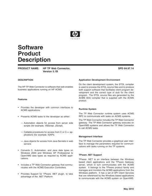 Software Product Description - OpenVMS Systems - Hewlett Packard