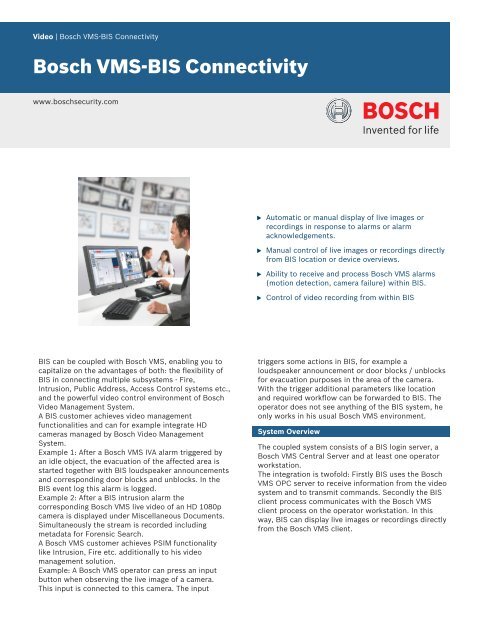 Bosch VMS-BIS Connectivity - Bosch Security Systems