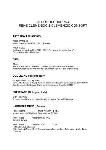 list of recordings rené clemencic & clemencic consort