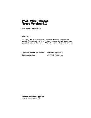 VAX/VMS Release Notes Version 4.2