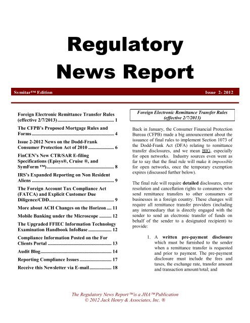 Regulatory News Report Jack Henry Amp Associates Inc