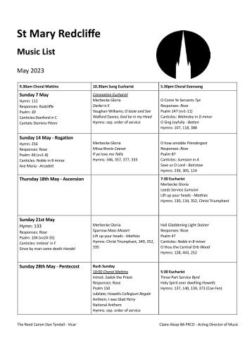 St Mary Redcliffe Church Music List May 2023