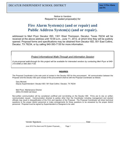 Fire Alarm System(s) (and or repair) - Decatur ISD