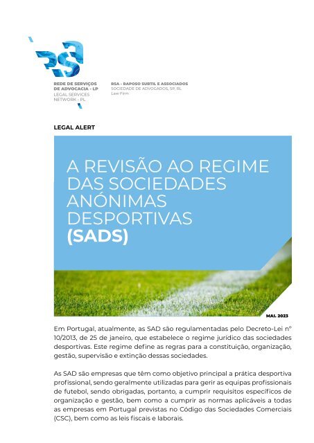 Legal Alert - A Revisão ao Regime das Sociedades Anónimas Desportivas (SADS)
