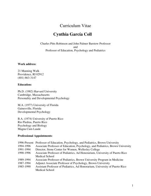 Curriculum Vitae Cynthia Garcia Coll Research Brown University