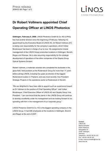 Dr Robert Vollmers appointed Chief Operating Officer at LINOS ...