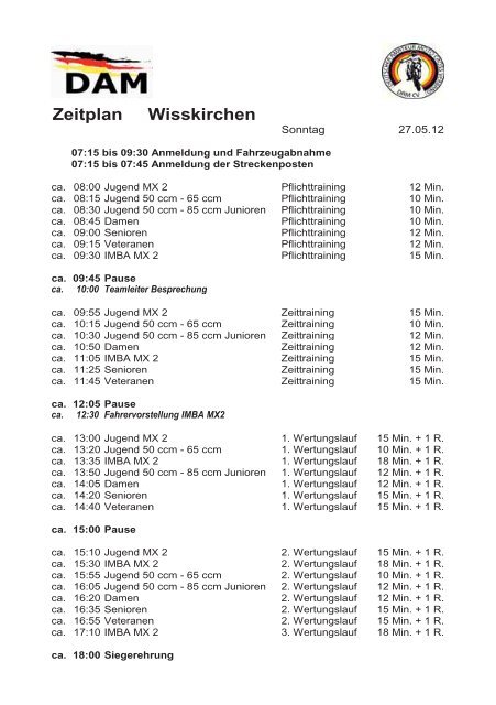 Zeitablauf Pfingstsamstag, 26. 5. 2012 - MSC Wisskirchen