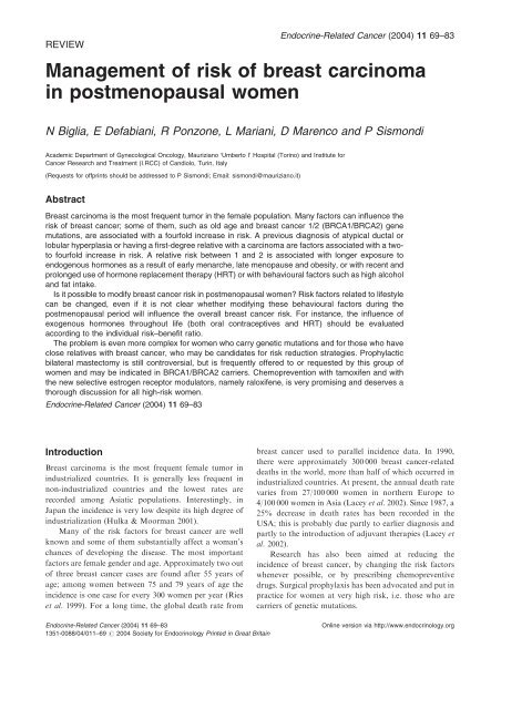 Management of risk of breast carcinoma in postmenopausal women