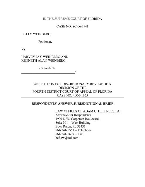 respondents' answer jurisdictional brief - Florida Supreme Court