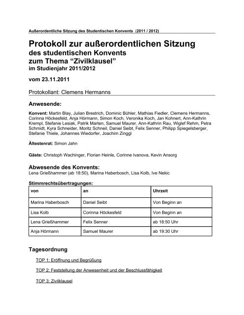 Protokoll zur außerordentlichen Sitzung des studentischen ... - AStA