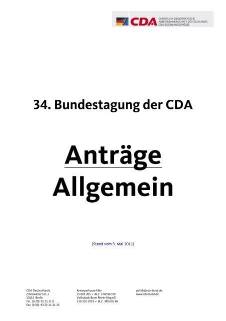 34. Bundestagung der CDA Anträge Allgemein