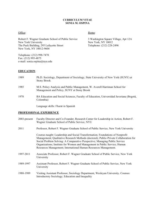 Curriculum Vitae Sonia M Ospina Office Nyu Wagner