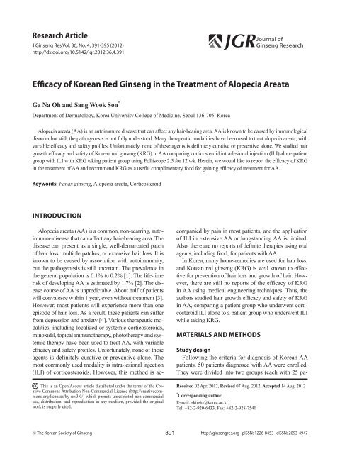 Efficacy of Korean Red Ginseng in the Treatment of Alopecia Areata